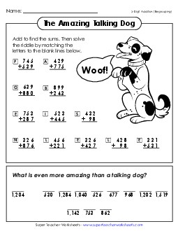 Amazing Talking Dog (3-Digit Addition with Regrouping) Worksheet