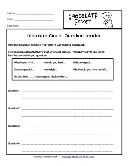 Literature Circles: Question Leader Book Chocolate Fever Worksheet