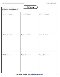 Division Boxes: 3-Digit Dividends (#2) (w/ Remainders) Worksheet