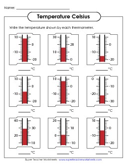 Celsius Thermometers (#1) Measurement Worksheet