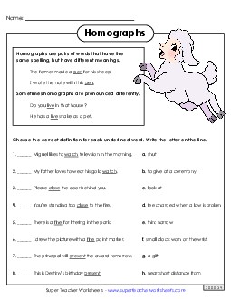 Homograph Matching Homographs Worksheet