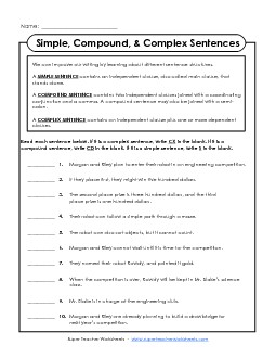 Simple, Compound, Complex Sentences Worksheet