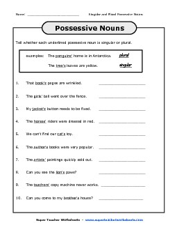 Possessive Nouns - Singular or Plural? Worksheet