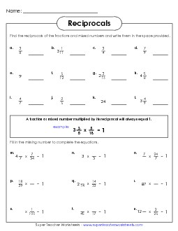 Fraction Times Reciprocal Reciprocals Worksheet