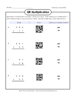 QR Code Multiplication (3-Digit by 2-Digit) Worksheet