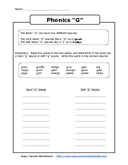 Hard G or Soft G Phonics Worksheet