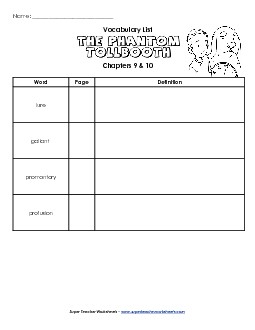 Vocabulary for Chapters 9 & 10 Books Worksheet