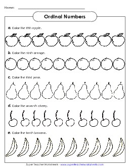 Ordinal Fruits (Word Form) Ordinal Numbers Worksheet