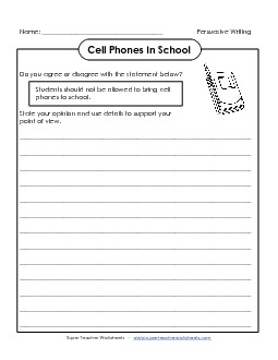 Cell Phones Writing Persuasive Opinion Worksheet