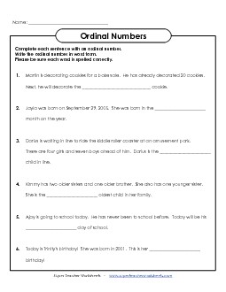 Ordinal Sentences Ordinal Numbers Worksheet