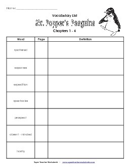 Vocabulary for Chapters 1-4 Free Books Worksheet