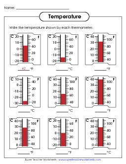 Mixed Thermometers Measurement Worksheet