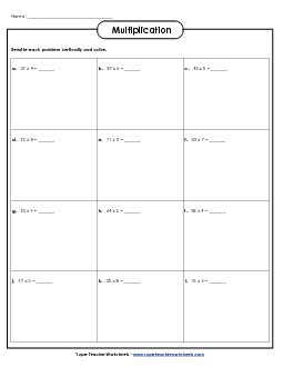 Horizontal: 2-Digit x 1-Digit Free Multiplication Worksheet