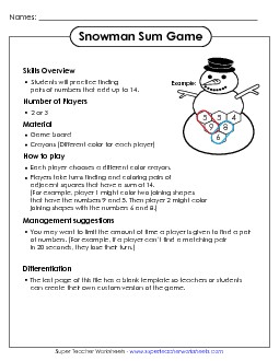 Snowman Sum Game Addition Sum Game Worksheet