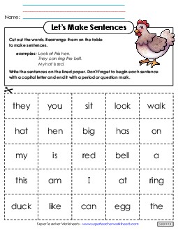 Word Cards 2 Sentences Basic Worksheet