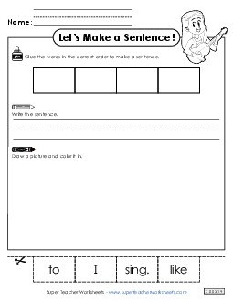 Build a Sentence: Sing Sentences Basic Worksheet