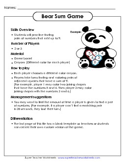 Bear Sum Game Addition Sum Game Worksheet