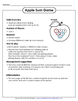 Apple Sum Game Addition Sum Game Worksheet