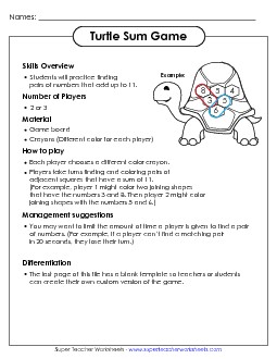 Turtle Sum Game Addition Sum Game Worksheet