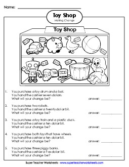 More Money Subtraction: Toy Shop 2 (Hard) Worksheet