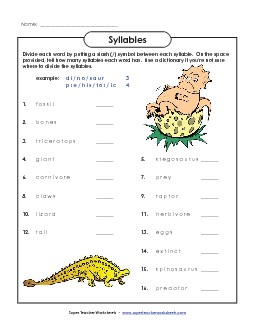 Breaking Words into Syllables  - Dinosaur Theme Worksheet