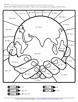 Basic Addition Mystery Picture Earth Day Worksheet