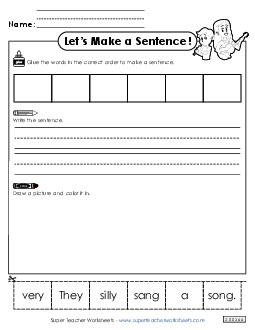 Build a Sentence: Silly Song Sentences Basic Worksheet