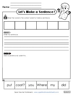 Build a Sentence: Coat Sentences Basic Worksheet