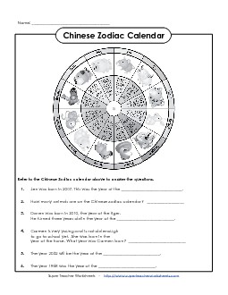 Zodiac Wheel Questions Chinese New Year Worksheet