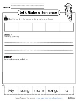 Build a Sentence: Mom Sang Sentences Basic Worksheet