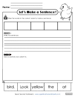 Build a Sentence: Yellow Bird Sentences Basic Worksheet