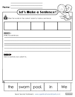 Build a Sentence: In the Pool Sentences Basic Worksheet