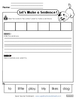 Build a Sentence: Little Dog Sentences Basic Worksheet