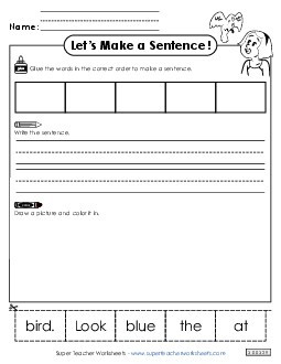 Build a Sentence: Blue Bird Sentences Basic Worksheet