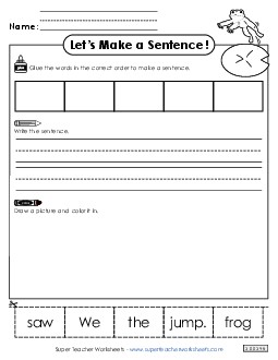 Build a Sentence: Frog Jump Sentences Basic Worksheet