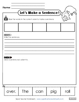 Build a Sentence: Pig Roll Sentences Basic Worksheet