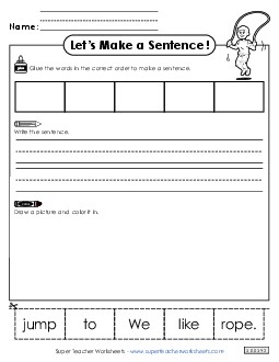 Build a Sentence: Jump Rope Sentences Basic Worksheet