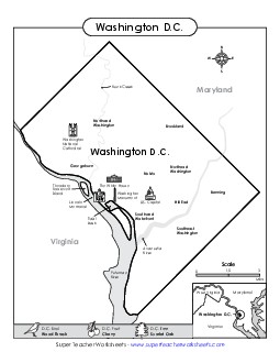 Map of Washington, D.C. (Black & White) State Maps Worksheet