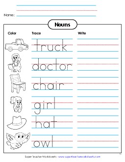 New Nouns: Color, Trace, and Write Worksheet