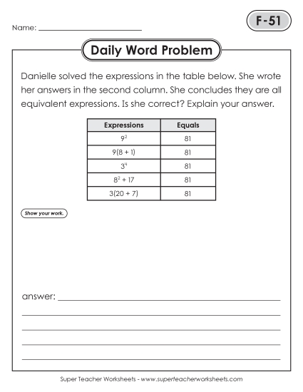 New Daily Word Problems<BR>F-51 through F-55 Worksheet New Daily Word Problems<BR>F-51 through F-55 Worksheet