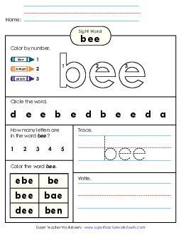 Worksheet 4: Bee Sight Words Individual Worksheet