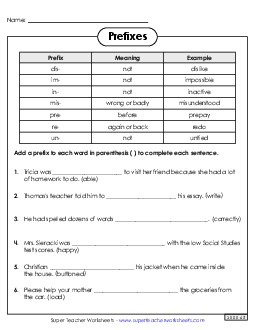 Add Prefixes to Make Sentences 3rd Grade 3rd Grade ELA Worksheet