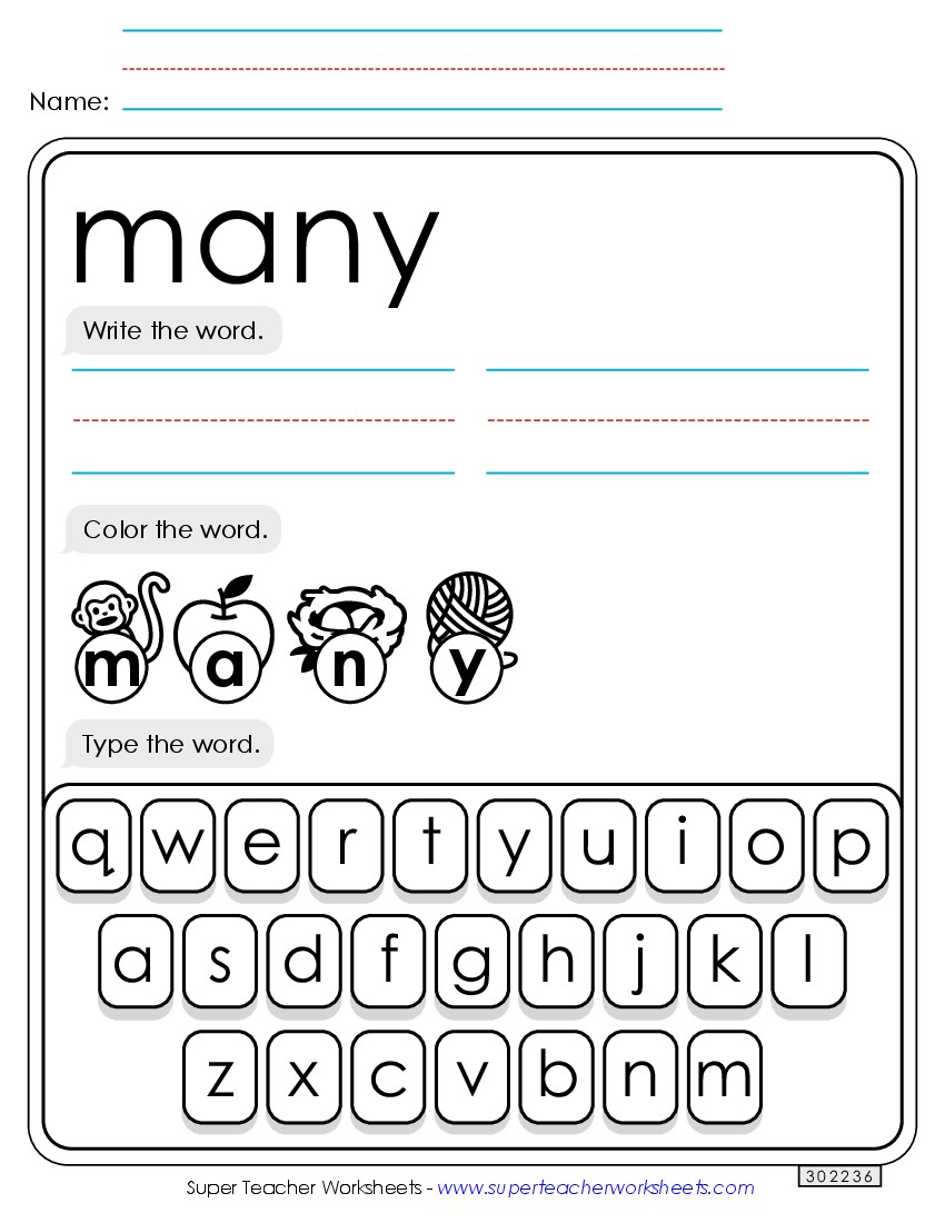 Write, Color, Type: Many Sight Words Individual Worksheet