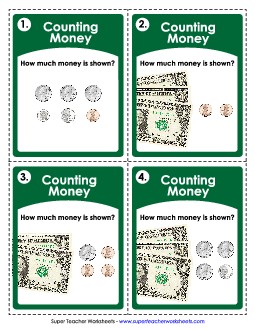 Money (USA): Coins and Bills (Up to $4) Counting Money Worksheet