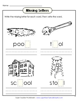 Missing Letters (-ool) Word Families Worksheet