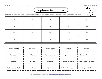 ABC Order: Cut and Glue (D-Canada Words)  Spelling D Worksheet