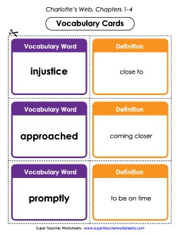 Vocabulary Cards for Chapters 1-4 Books Worksheet