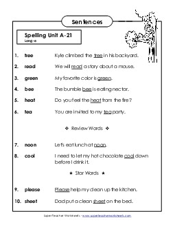 Spelling Test Sentences (A-21) Spelling A Worksheet