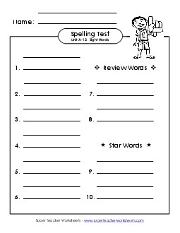 Spelling Test (A-12) Spelling A Worksheet