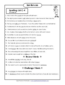 Spelling Test Sentences (C-4) Spelling C Worksheet